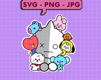 May include: A cartoon illustration of a white and gray character with a black X on its left side and a black circle on its right side. The character is surrounded by seven other cartoon characters, including a pink bunny, a blue and white horse, a red heart, a white dog, a blue koala, a brown bear, and a yellow dog.