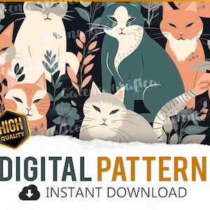 Puede incluir: Un patrón sin costuras con gatos coloridos y diseños florales sobre un fondo negro. Los gatos están en varias poses y tienen diferentes colores de pelaje, incluyendo naranja, blanco y azul. Las flores están en tonos de rosa, azul y verde.