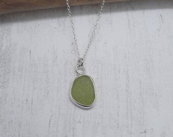Lime green Devon sea glass handmade necklace with sterling silver, artisan, minimalist pendant