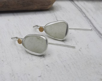 White Devon sea glass earrings with gold enamel, dangley fixed earring, statement earrings, artisan handmade jewellery, genuine sea glass