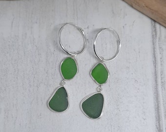 Greeb sea glass earrings, dangley hoopdrop bottle green and dark green ombre, double drop hoop earrings, handmade jewellery, Devon sea glass