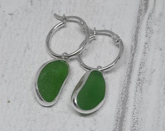 Green sea glass hoop earrings, handmade sterling silver hoop creole, Devon sea glass, bottle green sea glass, artisan jewellery