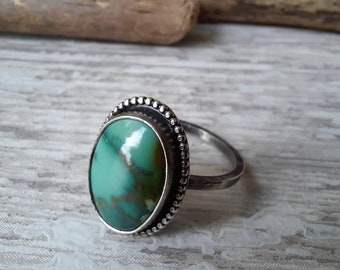 Tibetan turquoise and sterling silver, hand fabricated, handmade, one of a kind, artisan, size UK P