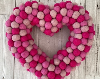 Heart shape Wreath large Felt balls, reusable love wreath. Rainbow colours, lots of sizes 33cm, 45cm and 55cm wide