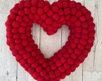 Valentines red Heart Wreath large  33cm x 33cm Felt balls, reusable love wreath Easter, birthday, celebrations!