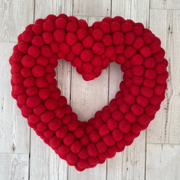 Valentines red Heart Wreath large  33cm x 33cm Felt balls, reusable love wreath Easter, birthday, celebrations!