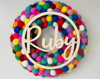 Personalised Wreath Felt ball Pom Pom with name sign. Wreath 30cm made Multicoloured balls reusable decoration