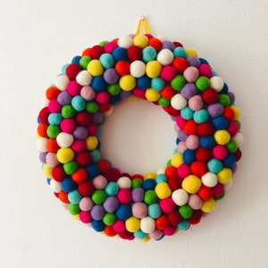 Rainbow felt ball Wreath 35cm available made with felt balls hand made in Nepal. image 1