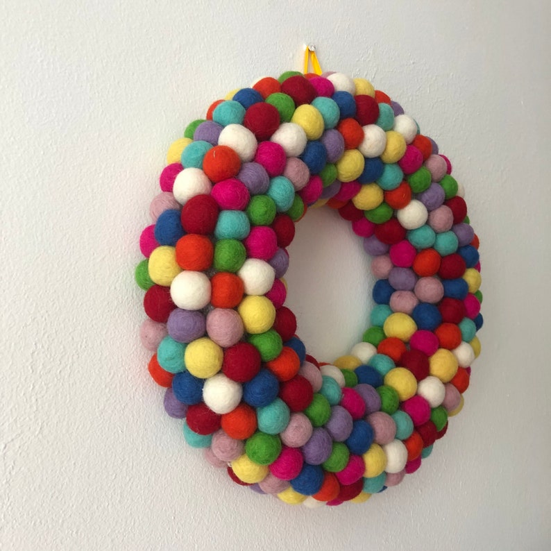 Rainbow felt ball Wreath 35cm available made with felt balls hand made in Nepal. image 3