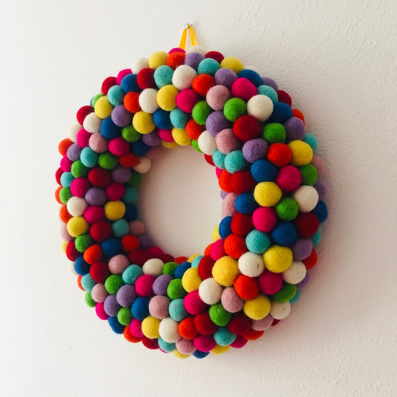 Rainbow felt ball Wreath 35cm available made with felt balls hand made in Nepal. image 2