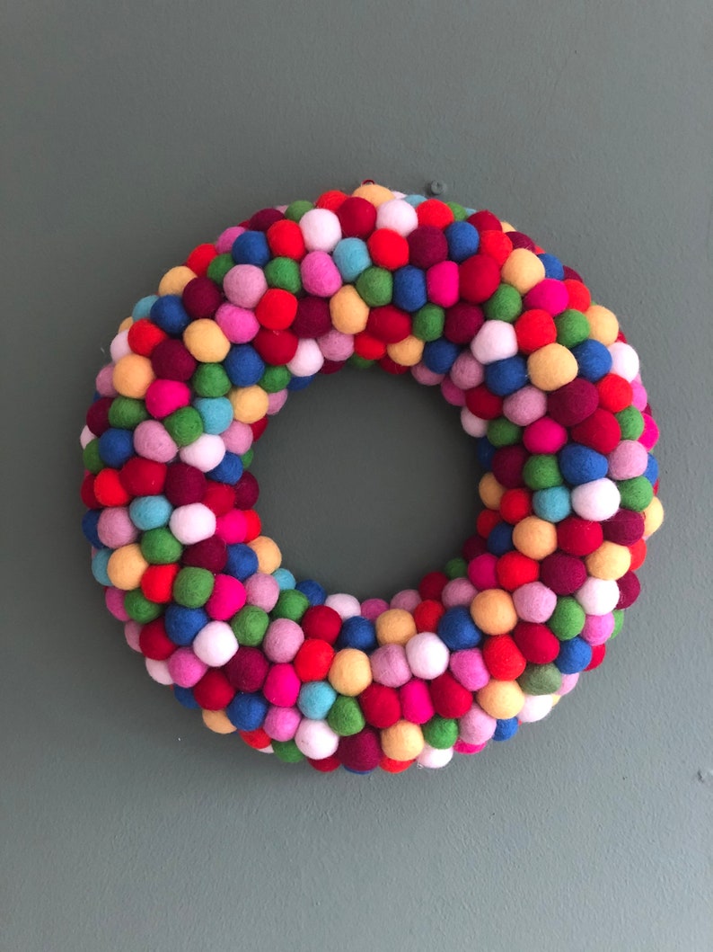 Rainbow felt ball Wreath 35cm available made with felt balls hand made in Nepal. image 6