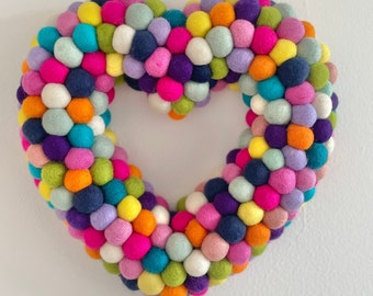 Heart shape Wreath large  33cm or 45cm Felt balls, reusable love wreath ideal for bedrooms, lounges and birthday celebrations!