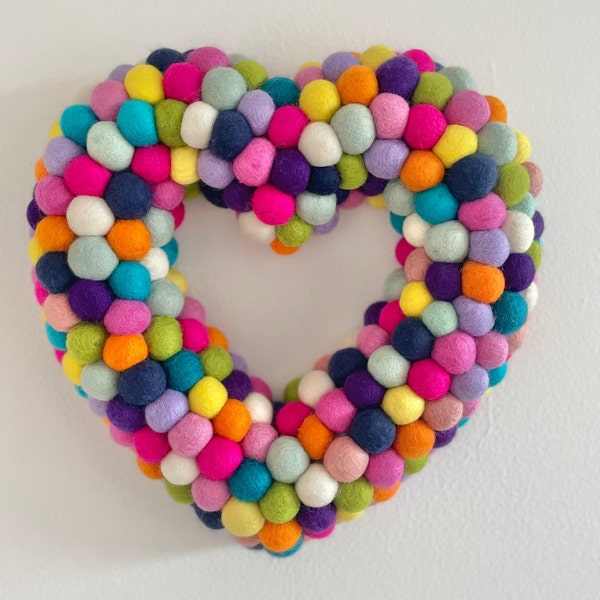 Heart shape Wreath large  33cm or 45cm Felt balls, reusable love wreath ideal for bedrooms, lounges and birthday celebrations!