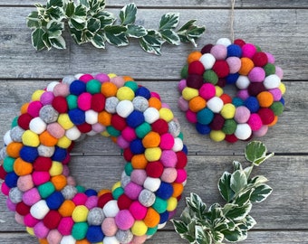 Rainbow Felt ball wreath. Round, heart and star shape available. 6 sizes - Great door/Wall decoration