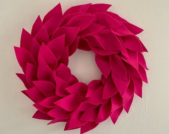 Felt leaf wreath Fushia pink 28cm wide  joy in a wreath