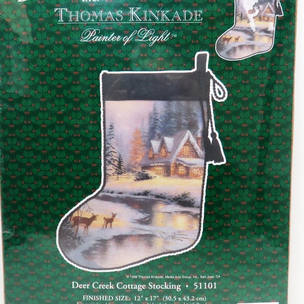 Thomas Kinkade Christmas Stocking Kit/ VTG Embellished Cross Stitch/ Deer Creek Cottage 51101