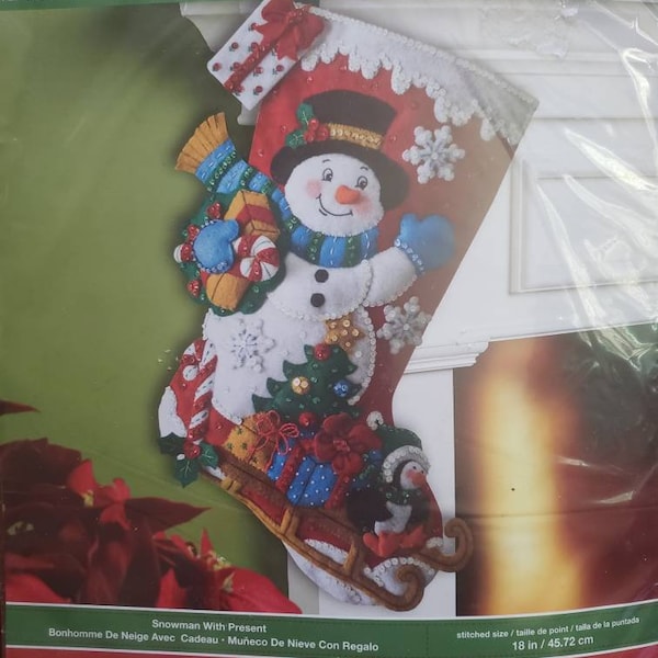 Bucilla Stitchery Kit "Snowman with Present." Felt Jewelled Christmas Stocking. / 2014 Kit # 86410