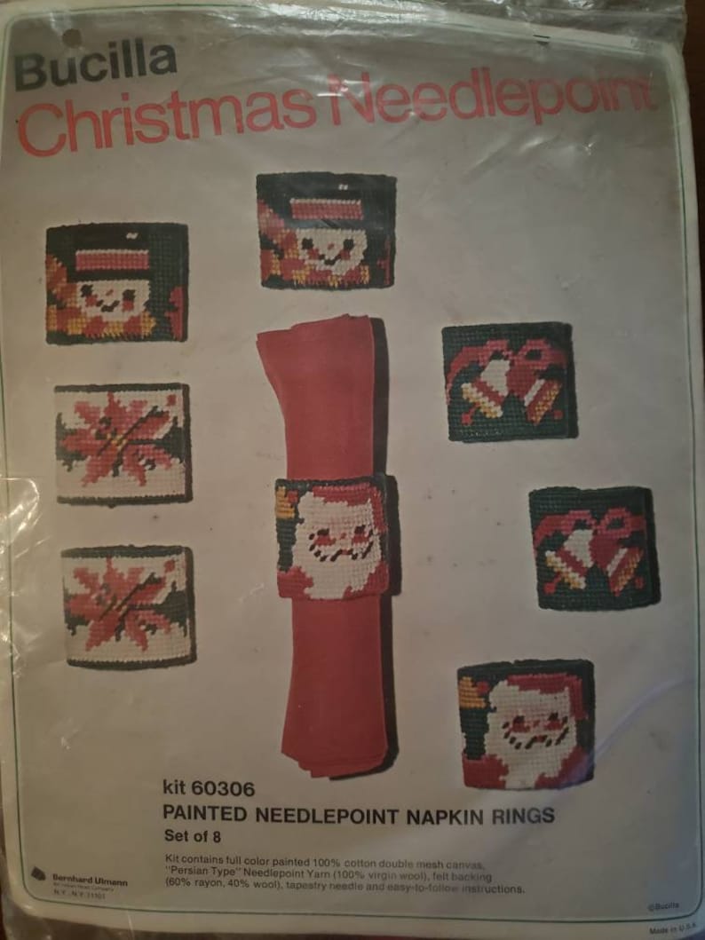 Bucilla Christmas Needlepoint Craft Kit Painted Needlepoint Napkin Rings Kit # 60306