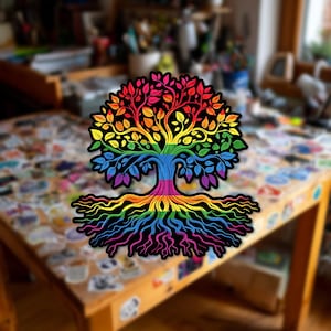 May include: A sticker featuring a stylized tree with a rainbow-colored trunk, branches, and roots. The leaves are depicted in various colors including red, orange, yellow, green, blue, and purple, with a thick black outline surrounding the entire design.