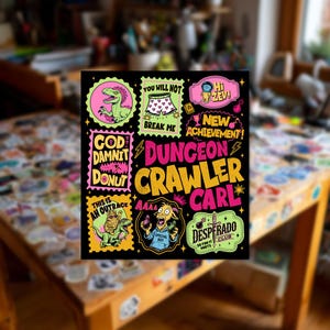 May include: A black square sticker featuring colorful illustrations and text related to Dungeon Crawler Carl. Designs include a green dinosaur, heart-patterned boxers, a goat in a blue hoodie, and text such as You Will Not Break Me and Desperado Club.