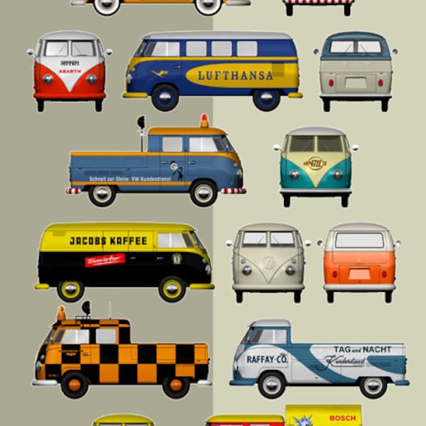 VW Transporter Type 2, Five Digital Renderings, Size A2: 420 x 594 mm, ~16 1/2 x 23 1/2 inches