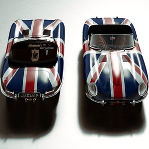 Może przedstawiać: Klasyczny brytyjski samochód sportowy pomalowany flagą Unii Jack. Samochód to Jaguar E-Type roadster, popularny model znany ze swojego eleganckiego designu i mocnego silnika.
