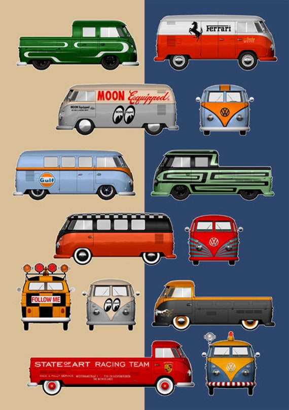 VW Transporter Type 2 Art Prints: Five Digital Renderings (A2 Size