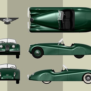 Jaguar XK 120, Fünf digitale Renderings, Größe A3: 420 x 297 mm, 16 1/2 x 12 Zoll