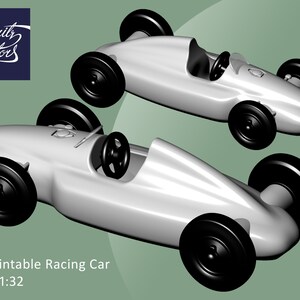 May include: A 3D-printable racing car model in white with black tires. The car is in a scale of 1:32. The image also includes the text "Moritz Motors" in a blue circle.