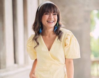 Maud x Get Spotted: Josefa (Romper, Lemon Yellow, Seersucker Fabric, Playful, Butterfly Sleeves, Modern Filipiniana)