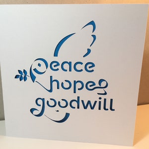 Vrede, Hoop en Goodwill Kerstkaart. Template snijden bestand (SVG, DXF, EPS) Laser cut. Direct downloaden