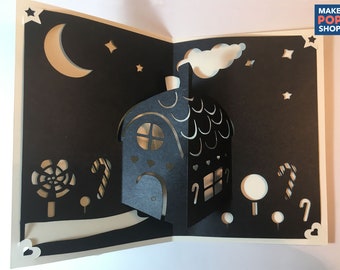 Pop-up Gingerbread House Christmas Card. Template snijbestand (SVG, DXF, EPS) Laser cut. Direct downloaden