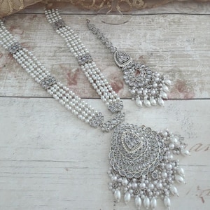 Full Silver Kundan Pearl Pendant Long Indian Asian Mala Necklace Jewellery Set Indian Wedding Party Bridal