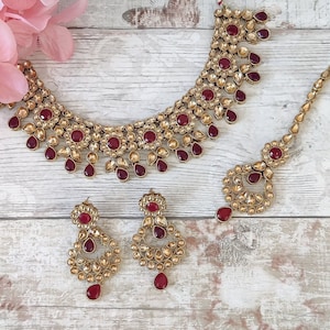 Maroon Antique Gold Kundan Stone Flexible Indian Necklace Jewellery Jewelry Set Wedding