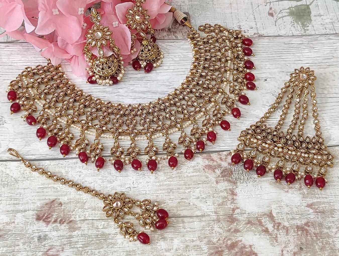 Maroon Antique Gold Polki Stone Bridal Necklace Set With Earrings Tikka Headpiece Jhoomer Pasa Wedding Etsy
