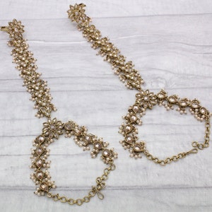 Pair of Antique Gold Indian Asian Hand Pieces Panja Bracelet Hath Phool with Pearls Bridal Wedding