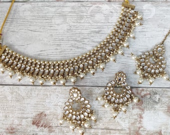 Gold Silver Kundan Stone Flexible Indian Necklace Jewellery Jewelry Set Bridal Wedding