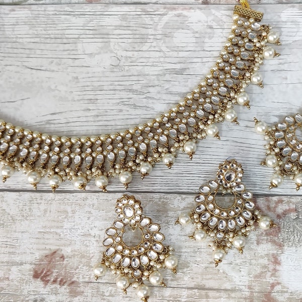 Gold Silver Kundan Stone Flexible Indian Necklace Jewellery Jewelry Set Bridal Wedding