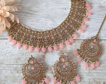 Baby Pink Antique Gold Pearl Indian Asian Bollywood Bridal Necklace Jewellery Jewelry Set Wedding