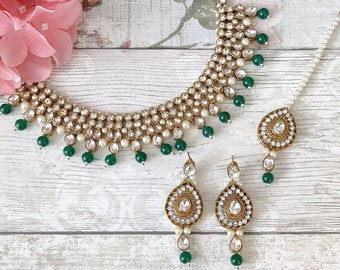 Green Gold Silver Pearl Kundan Stone Flexible Indian Necklace Jewellery Jewelry Set Bridal Wedding