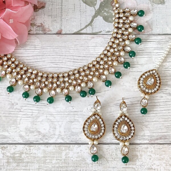 Green Gold Silver Pearl Kundan Stone Flexible Indian Necklace Jewellery Jewelry Set Bridal Wedding