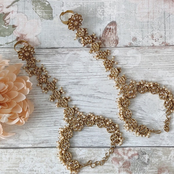 Pair of Antique Gold Indian Asian Hand Pieces Panja Bracelet Hath Phool