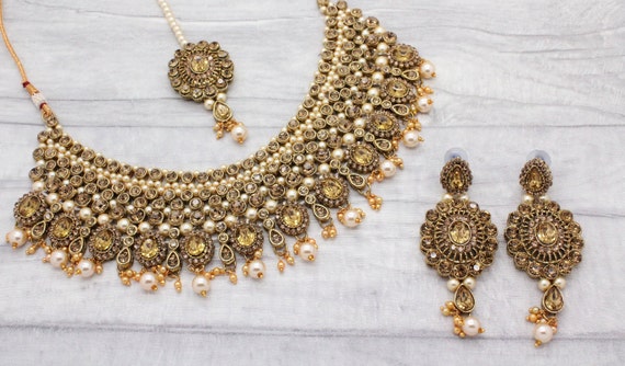 Antique Gold Kundan Stone Flexible Indian Necklace Jewellery Jewelry Set Bridal Wedding