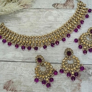 Purple Wine Antique Gold Kundan Stone Flexible Indian Necklace Jewellery Jewelry Set Bridal Wedding