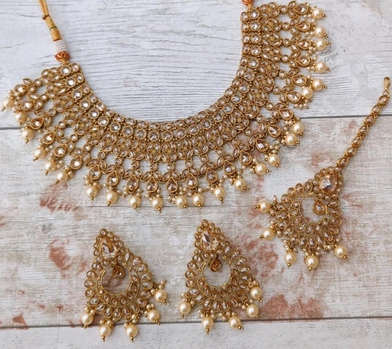 Antique Gold Stone Pearl Indian Asian Bridal Flexible Necklace Jewellery  Set with Tikka & Earrings