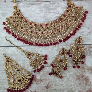 Maroon Antique Gold Indian Asian Bridal Necklace Full Jewellery Set Wedding