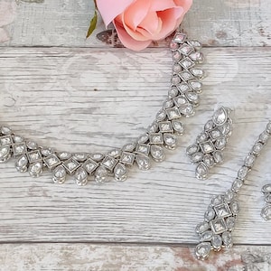 Full Silver Kundan Stone Flexible Indian Necklace Jewellery Jewelry Set Bridal Wedding