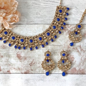 Royal Blue Antique Gold Kundan Stone Flexible Indian Necklace Jewellery Jewelry Set Wedding