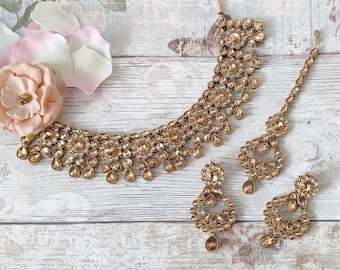 Antique Gold Kundan Stone Flexible Indian Necklace Jewellery Jewelry Set Bridal Wedding