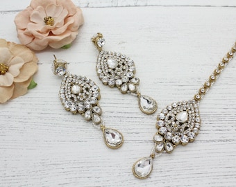 Gold Silver Indian Bollywood Tikka & Earring Set Wedding Party Bridesmaids